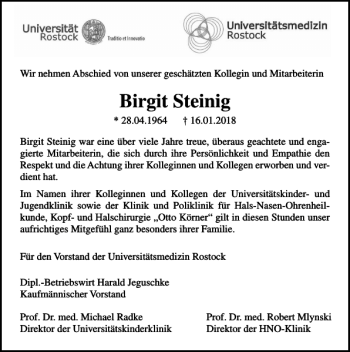 Traueranzeige von Birgit Steinig von Ostsee-Zeitung