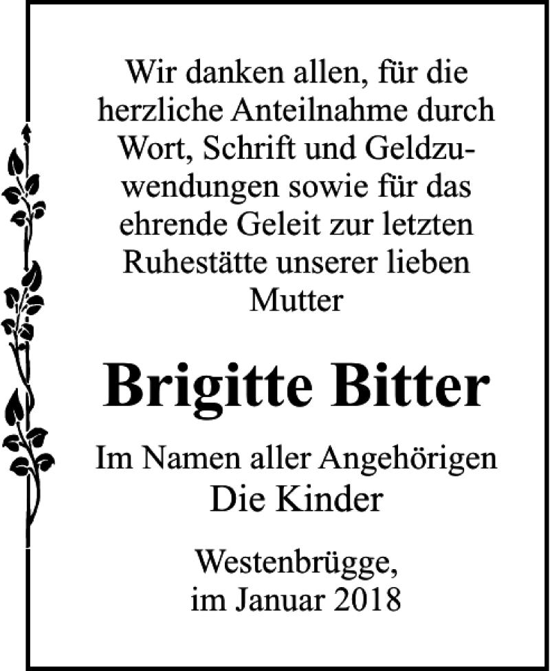  Traueranzeige für Brigitte Bitter vom 17.02.2018 aus Ostsee-Zeitung