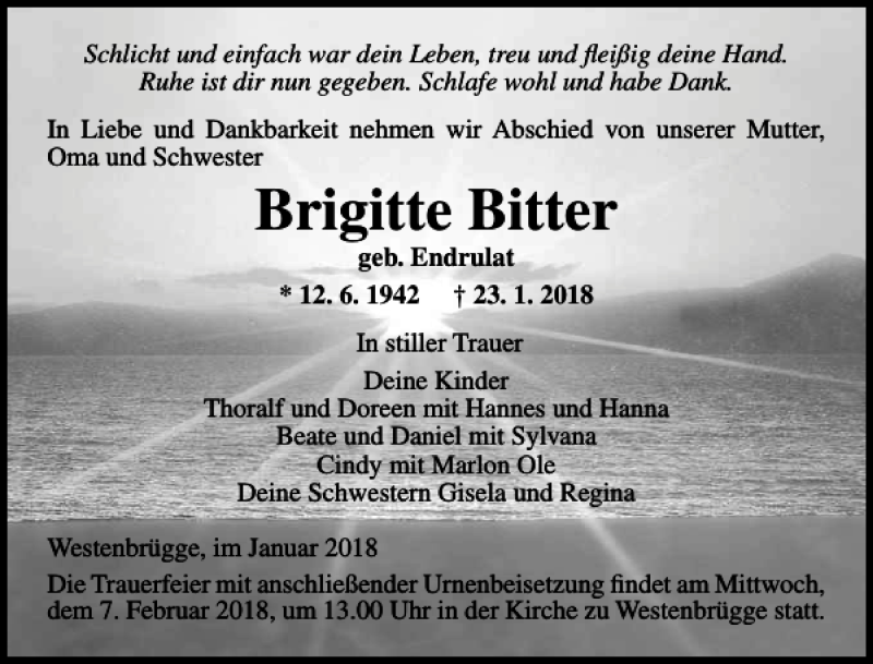  Traueranzeige für Brigitte Bitter vom 03.02.2018 aus Ostsee-Zeitung