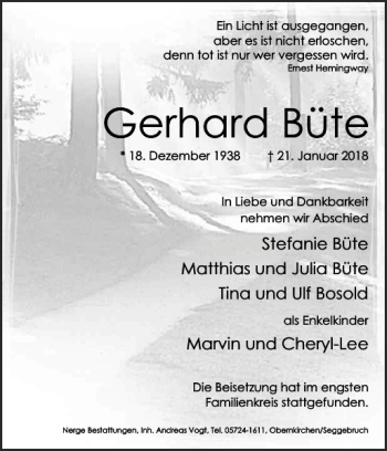 Traueranzeige von Büte Gerhard von Schaumburger Nachrichten