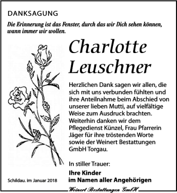 Traueranzeige von Charlotte Leuschner von Torgauer Zeitung