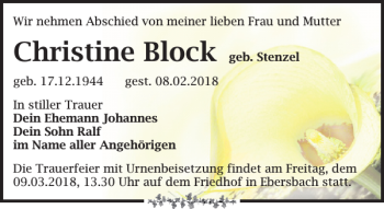 Traueranzeige von Christine Block von Leipziger Volkszeitung