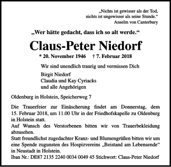 Traueranzeige von Claus-Peter Niedorf von Lübecker Nachrichten