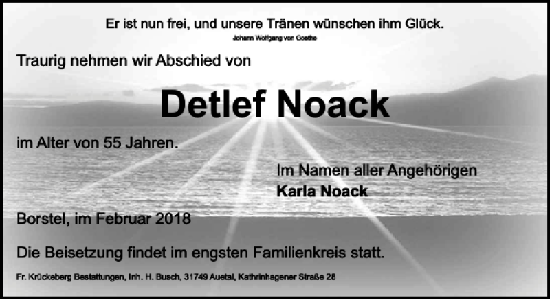  Traueranzeige für Detlef Noack vom 03.02.2018 aus Schaumburger Nachrichten