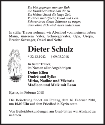 Traueranzeige von Dieter Schulz von MAZ-Trauer.de