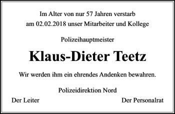 Traueranzeige von Dieter Teetz von MAZ-Trauer.de