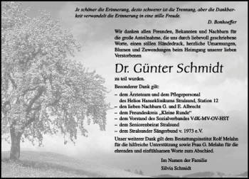 Traueranzeige von Dr. Günter Schmidt von Ostsee-Zeitung