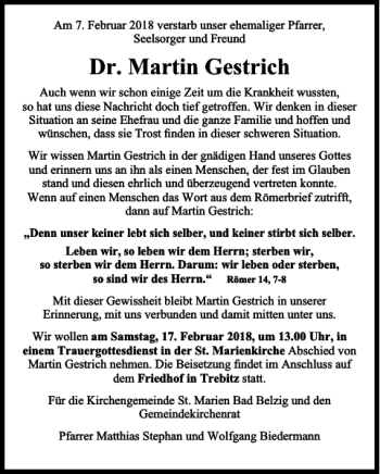 Traueranzeige von Dr. Martin Gestrich von MAZ-Trauer.de