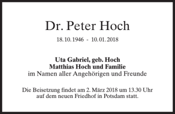 Traueranzeige von Dr. Peter Hoch von MAZ-Trauer.de