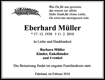 Traueranzeige von Eberhard Müller von MAZ-Trauer.de
