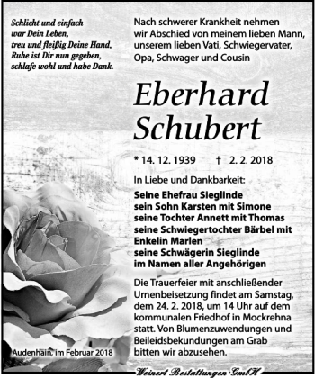 Traueranzeige von Eberhard Schubert von Torgauer Zeitung