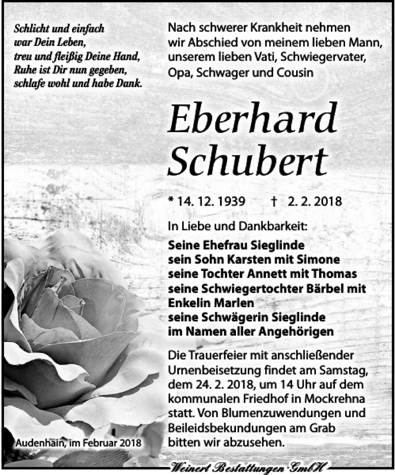  Traueranzeige für Eberhard Schubert vom 17.02.2018 aus Torgauer Zeitung
