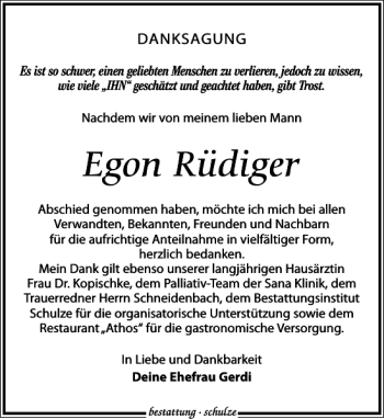 Traueranzeige von Egon Rüdiger von Leipziger Volkszeitung