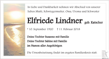 Traueranzeige von Elfriede Lindner von Leipziger Volkszeitung