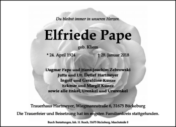 Traueranzeige von Elfriede Pape von Schaumburger Nachrichten