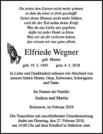 Traueranzeige von Elfriede Wegner von Ostsee-Zeitung