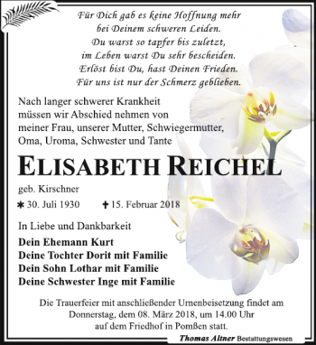 Traueranzeige von Elisabeth Reichel von Leipziger Volkszeitung