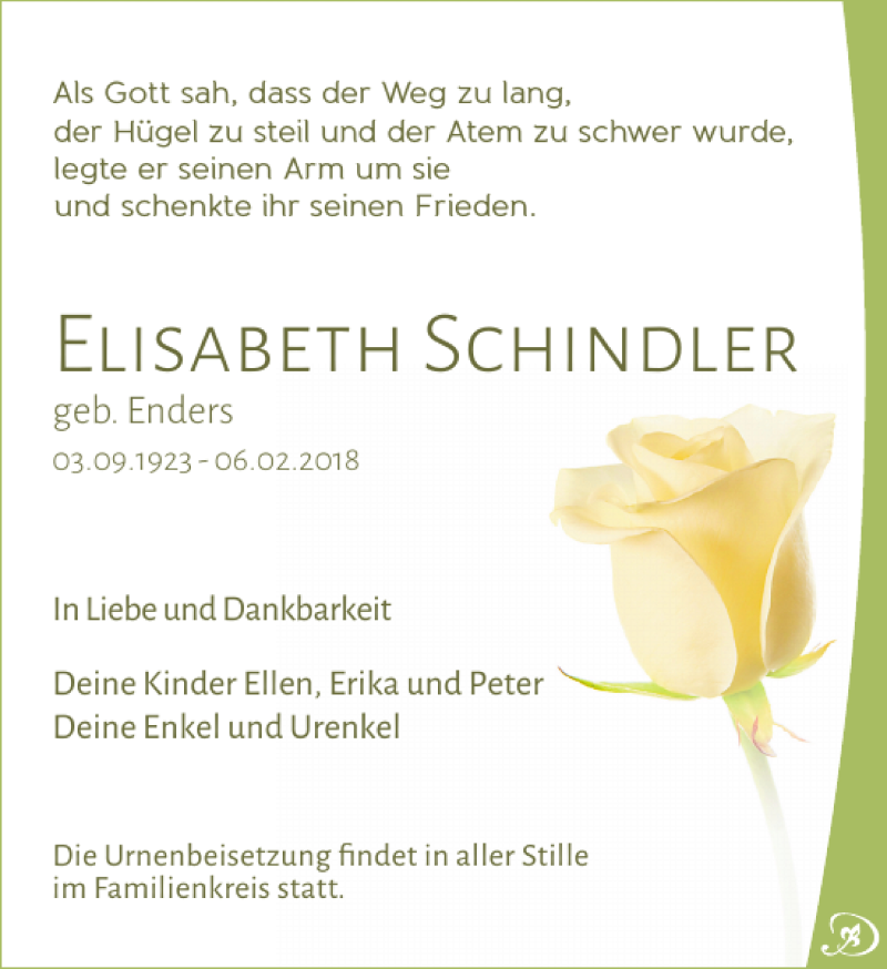  Traueranzeige für Elisabeth Schindler vom 24.02.2018 aus Leipziger Volkszeitung