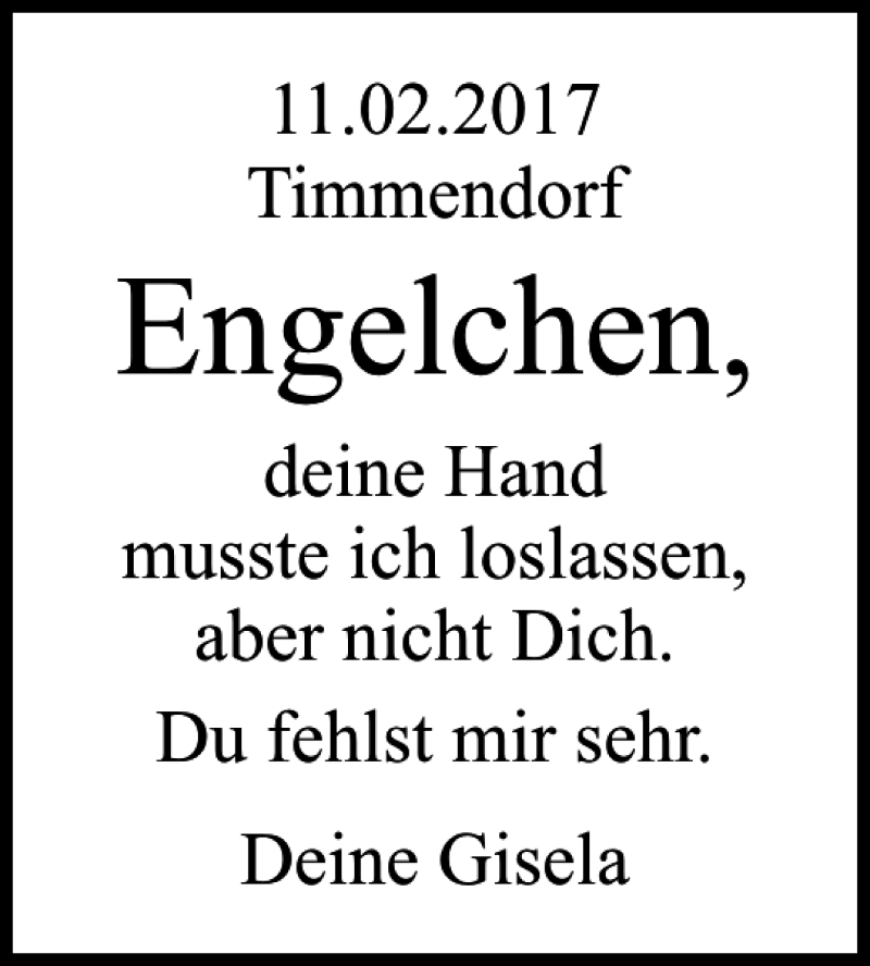  Traueranzeige für Engelchen  vom 11.02.2018 aus Lübecker Nachrichten