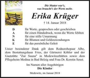 Traueranzeige von Erika Krüger von MAZ-Trauer.de