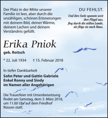 Traueranzeige von Erika Pniok von Leipziger Volkszeitung