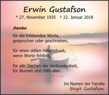 Traueranzeige von Erwin Gustafson von Ostsee-Zeitung