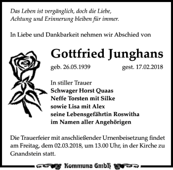 Traueranzeige von Gottfried Junghans von Leipziger Volkszeitung