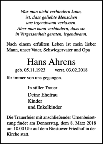 Traueranzeige von Hans Ahrens von Ostsee-Zeitung