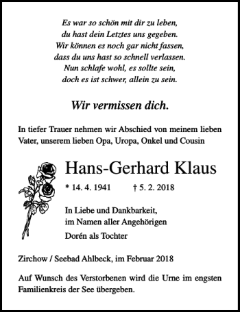 Traueranzeige von Hans-Gerhard Klaus von Ostsee-Zeitung