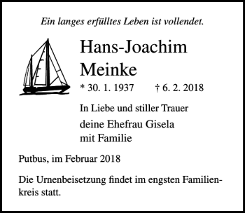 Traueranzeige von Hans-Joachim Meinke von Ostsee-Zeitung