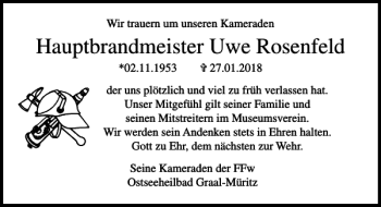Traueranzeige von Hauptbrandmeister Uwe Rosenfeld von Ostsee-Zeitung
