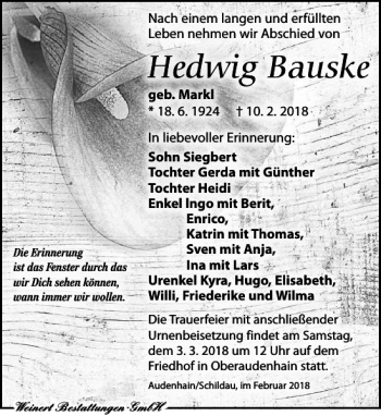 Traueranzeige von Hedwig Bauske von Torgauer Zeitung