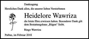 Traueranzeige von Heidelore Wawriza von Ostsee-Zeitung