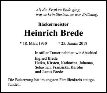 Traueranzeige von Heinrich Brede von Lübecker Nachrichten