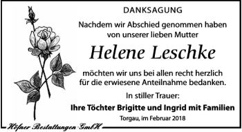 Traueranzeige von Helene Leschke von Torgauer Zeitung
