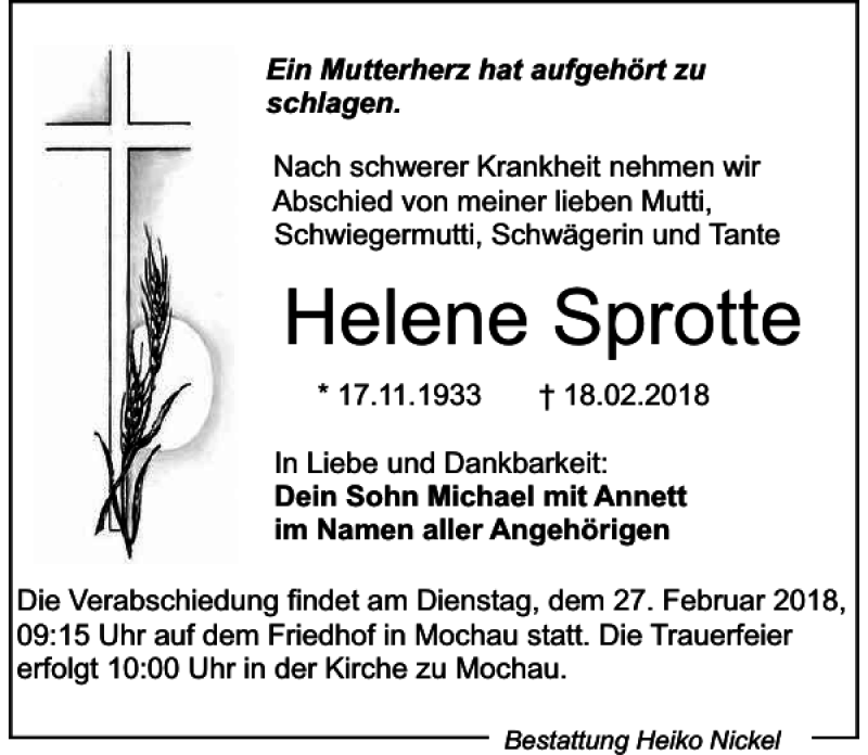  Traueranzeige für Helene Sprotte vom 21.02.2018 aus Sächsische Zeitung