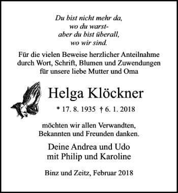 Traueranzeige von Helga Klöckner von Ostsee-Zeitung