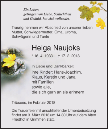 Traueranzeige von Helga Naujoks von Ostsee-Zeitung