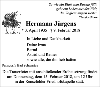 Traueranzeige von Hermann Jürgens von Lübecker Nachrichten
