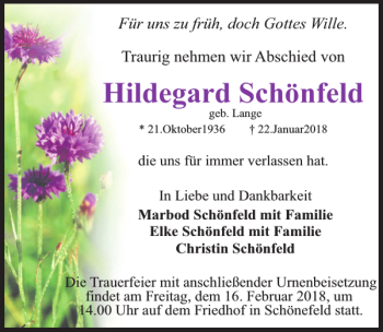 Traueranzeige von Hildegard Schönfeld von MAZ-Trauer.de