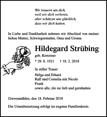Traueranzeige von Hildegard Strübing von Ostsee-Zeitung