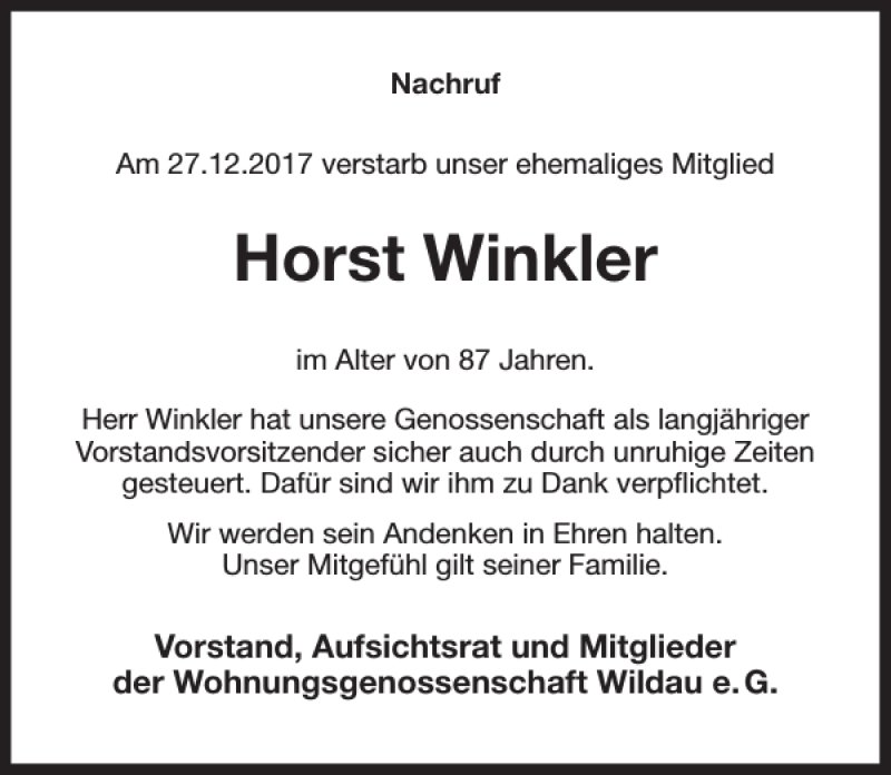 Traueranzeigen von Horst Winkler traueranzeigen.de