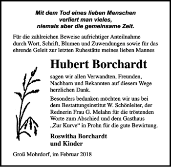 Traueranzeige von Hubert Borchardt von Ostsee-Zeitung