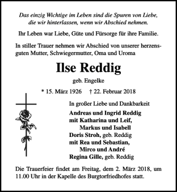 Traueranzeige von Ilse Reddig von Lübecker Nachrichten