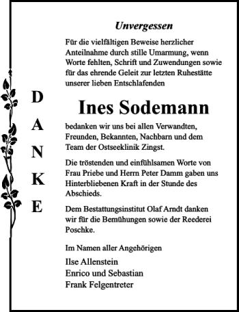 Traueranzeige von Ines Sodemann von Ostsee-Zeitung
