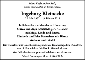 Traueranzeige von Ingeborg Kleinecke von Aller Zeitung / Wolfsburger Allgemeine