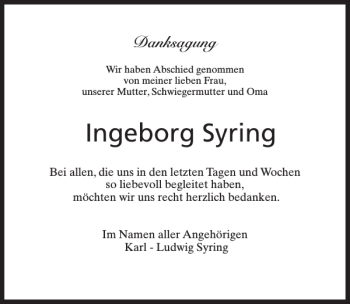 Traueranzeige von Ingeborg Syring von MAZ-Trauer.de