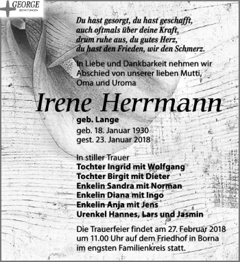 Traueranzeige von Irene Herrmann von Leipziger Volkszeitung