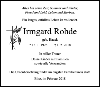 Traueranzeige von Irmgard Rohde von Ostsee-Zeitung