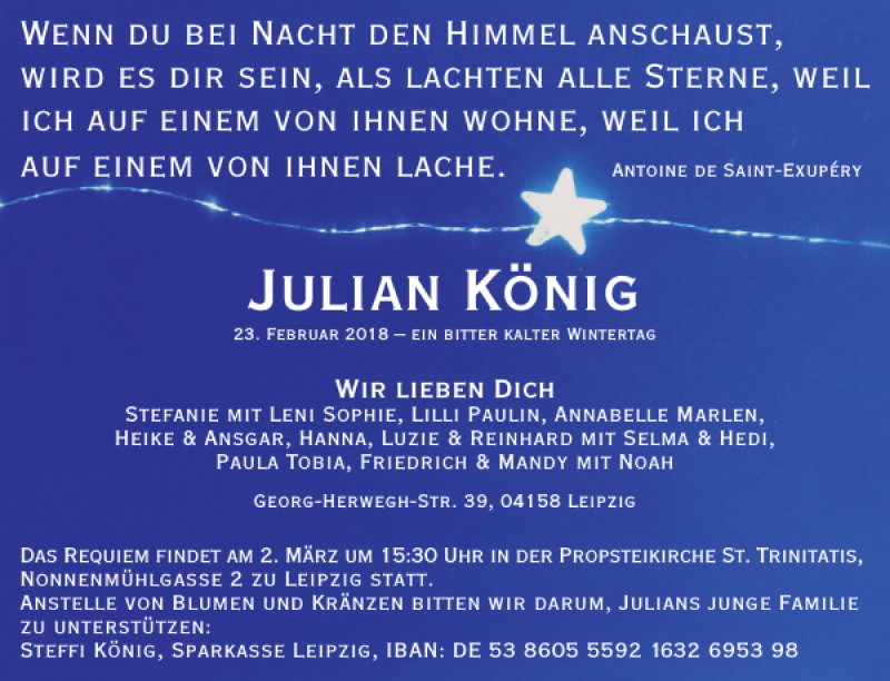 Traueranzeige für Julian König vom 28.02.2018 aus Leipziger Volkszeitung